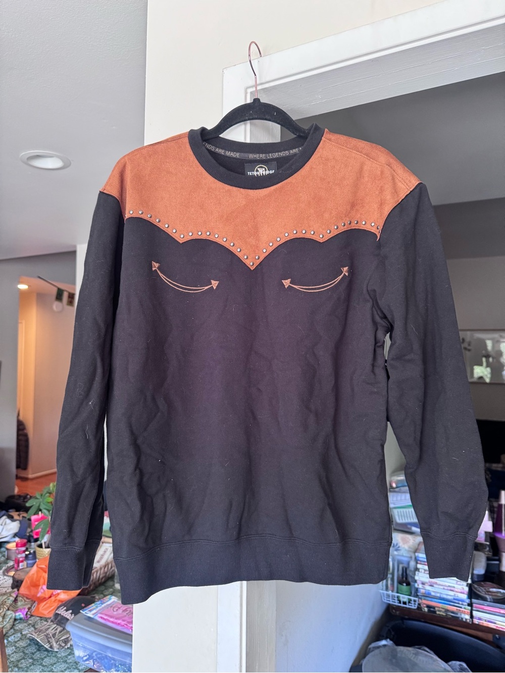 Women's Two-Tone Black and Rust Crewneck Sweater